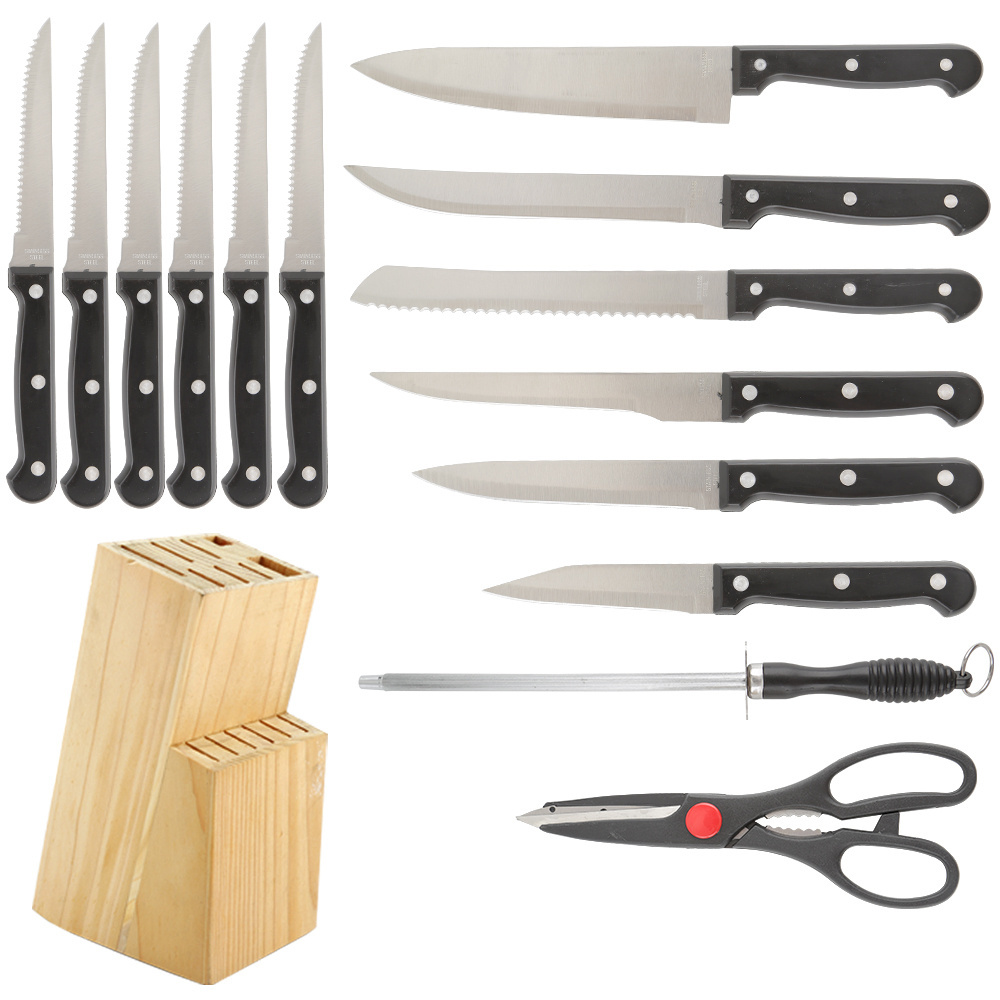 14 Piece Stainless Steel Kitchen Knife Set with Pine Wood Block For Home Cooking Culinary