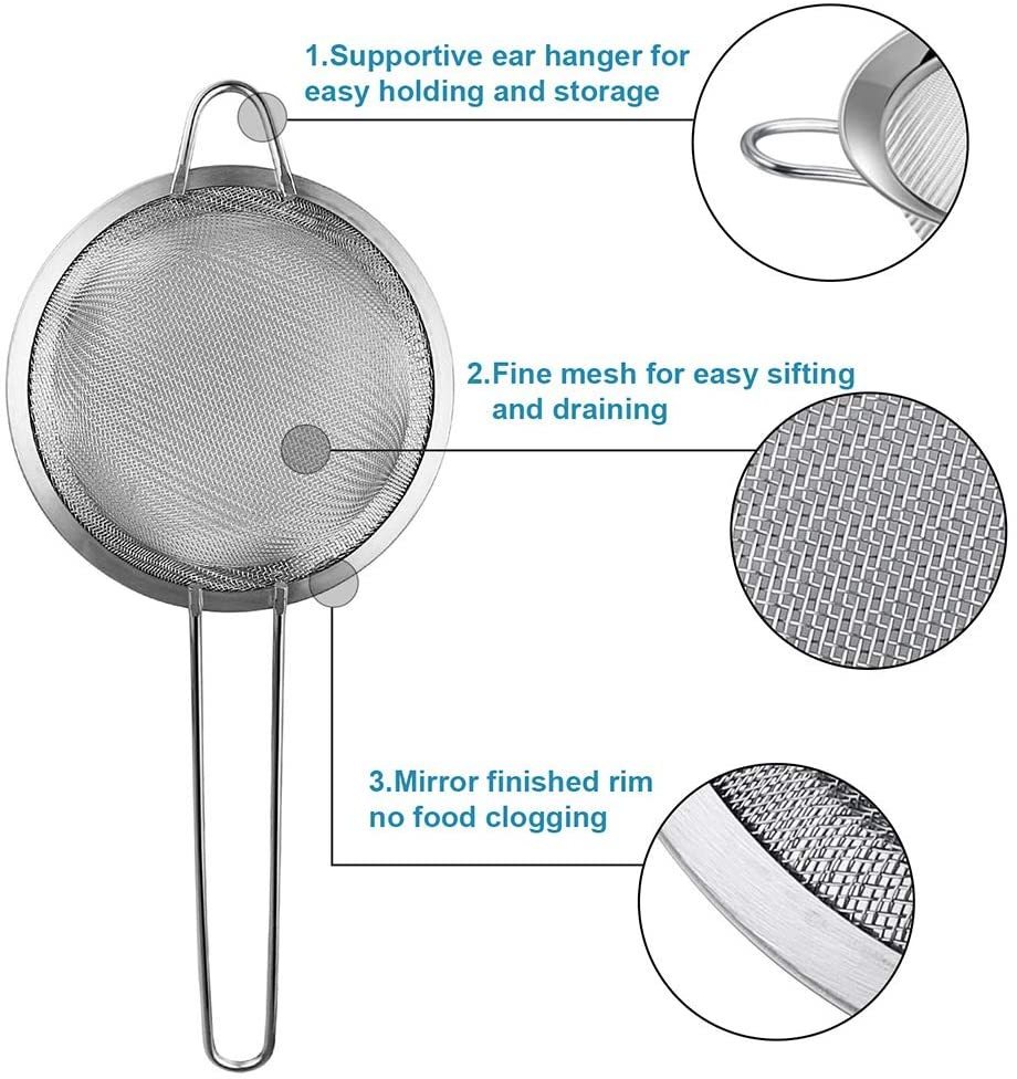 Fine Mesh Strainer Set of 3 Stainless Steel Strainers Food Strainer Colander Sieve with Long Handle for Kitchen Cooking