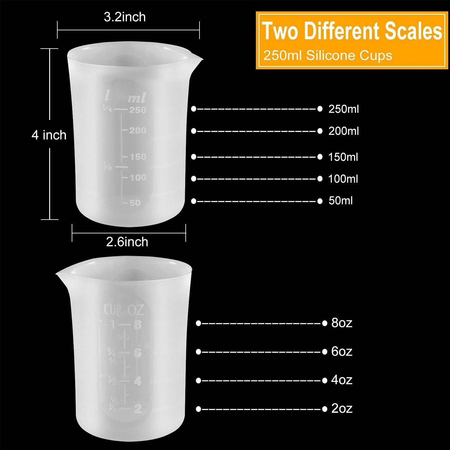 250 ml Silicone Measuring Cups Non-Stick Mixing Cups Glue Tools with Precise Scale for for Resin DIY Craft Jewelry Making