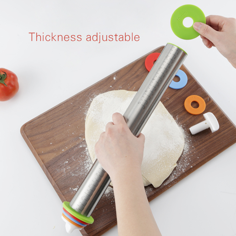 Adjustable Rolling Pin with Thickness Rings Measurement Pastry for Baking Cookie Dough Stainless Steel Roller Kitchen Accessory