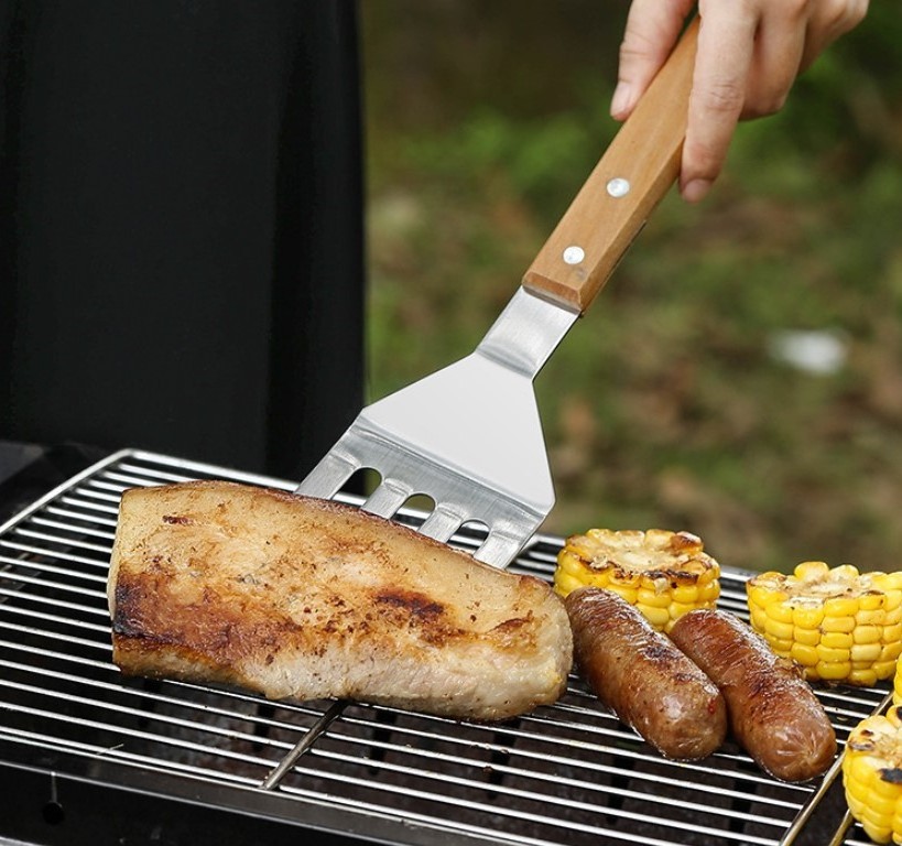 Stainless Steel BBQ Spatula Multifunction Grill Spatula with Wooden Handle for BBQ grills and kebabs