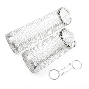 Portable Outdoor Camping Smoking Tool Cylinder Rack Stainless Steel Wire Mesh BBQ Rolling Grilling Basket For Outdoor