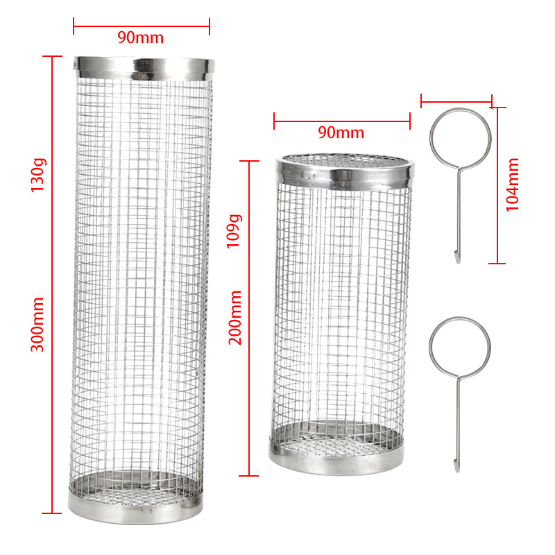 Portable Outdoor Camping Smoking Tool Cylinder Rack Stainless Steel Wire Mesh BBQ Rolling Grilling Basket For Outdoor