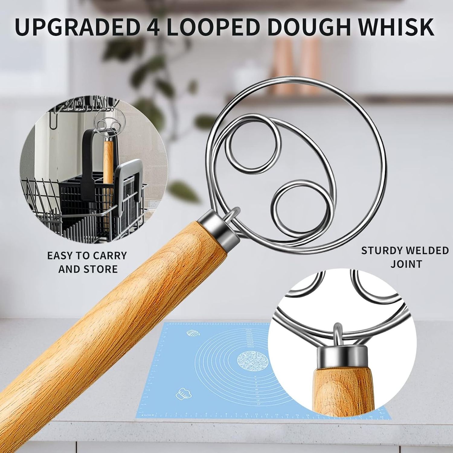 Danish Dough Whisk Stainless Steel Dough Whisk Dutch Style Bread Dough Hand Mixer Wooden Handle Kitchen Baking Tools