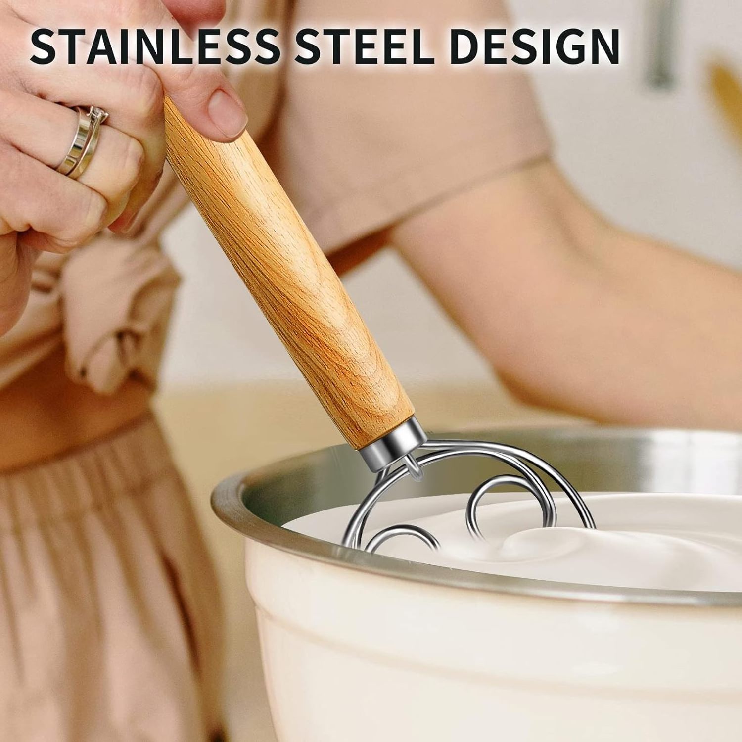 Danish Dough Whisk Stainless Steel Dough Whisk Dutch Style Bread Dough Hand Mixer Wooden Handle Kitchen Baking Tools