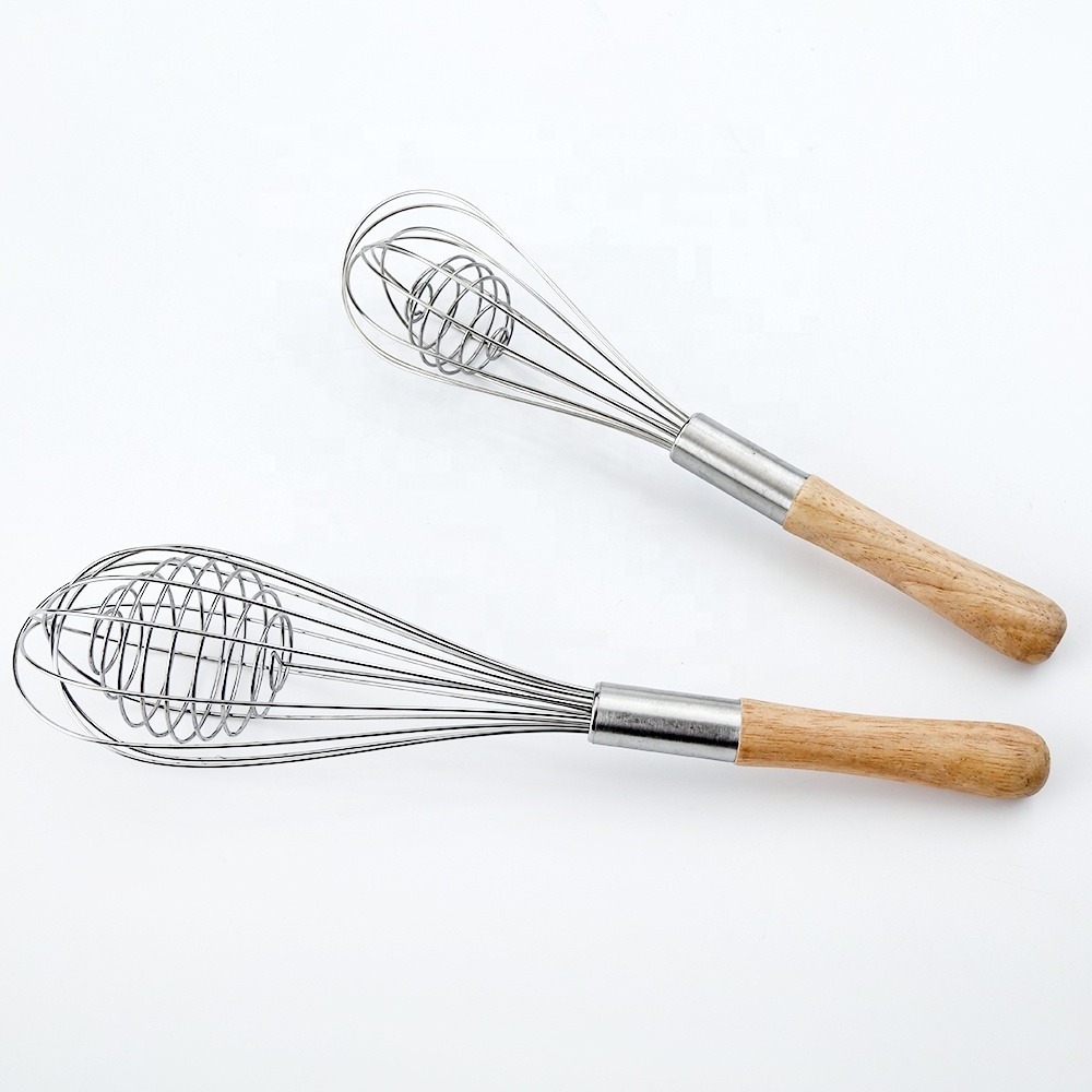 2 Pack Kitchen SS Wires Balloon Whisk with Oak Wood Handle Stainless Steel for Baking Cooking Bread Egg Beating Whisking