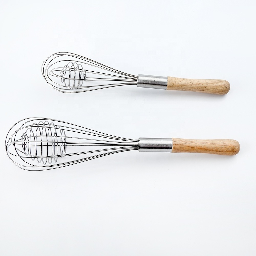 2 Pack Kitchen SS Wires Balloon Whisk with Oak Wood Handle Stainless Steel for Baking Cooking Bread Egg Beating Whisking