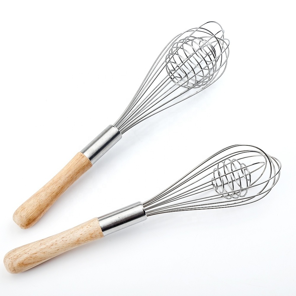 2 Pack Kitchen SS Wires Balloon Whisk with Oak Wood Handle Stainless Steel for Baking Cooking Bread Egg Beating Whisking