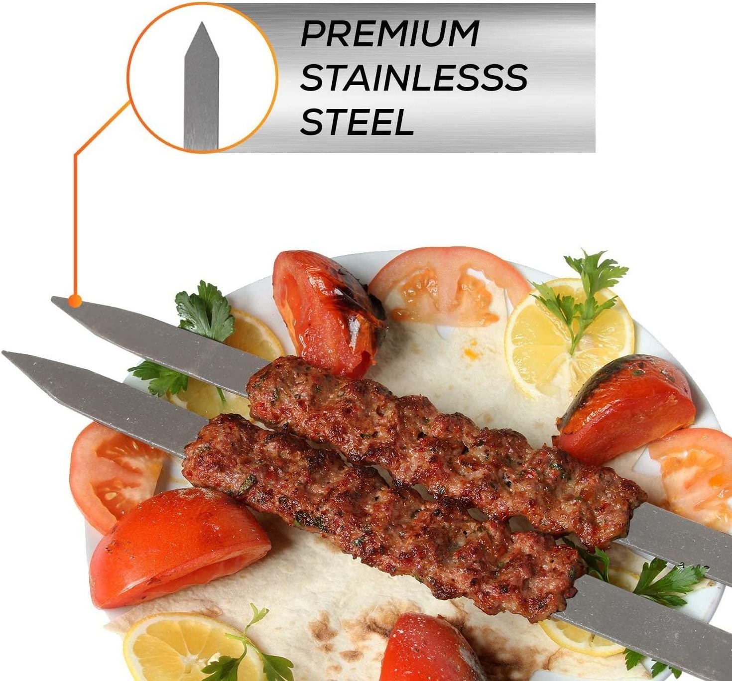 Stainless Steel Flat BBQ Barbecue Kebab Skewers,No-Wood Handle,for Persian,Brazilian,Koobideh Grilling