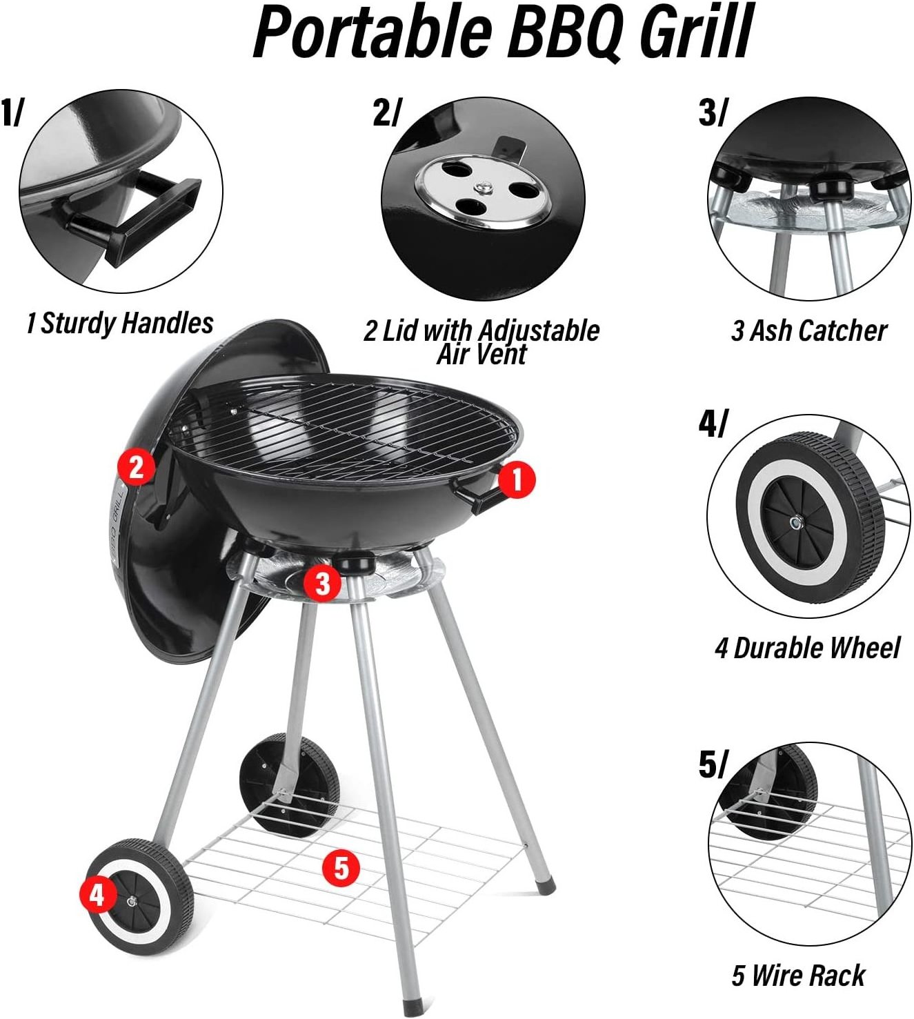 BBQ Charcoal Grill Oven Steel Cooking Grate Black Garden BBQ Tool Sets Outdoor Smokers Round Portable Charcoal Camping Grill