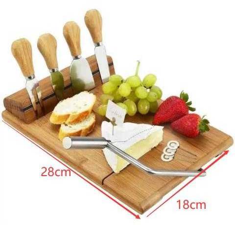 Acacia Wooden Cheese Serving Board Platter With 4 pieces Cheese Knife and Magnet Holder and Cheese Slicer