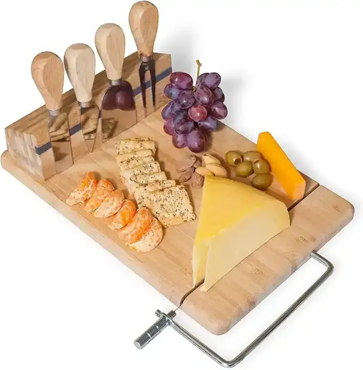 Acacia Wooden Cheese Serving Board Platter With 4 pieces Cheese Knife and Magnet Holder and Cheese Slicer