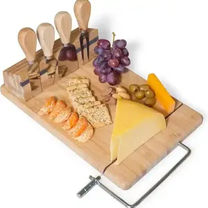 Acacia Wooden Cheese Serving Board Platter With 4 pieces Cheese Knife and Magnet Holder and Cheese Slicer