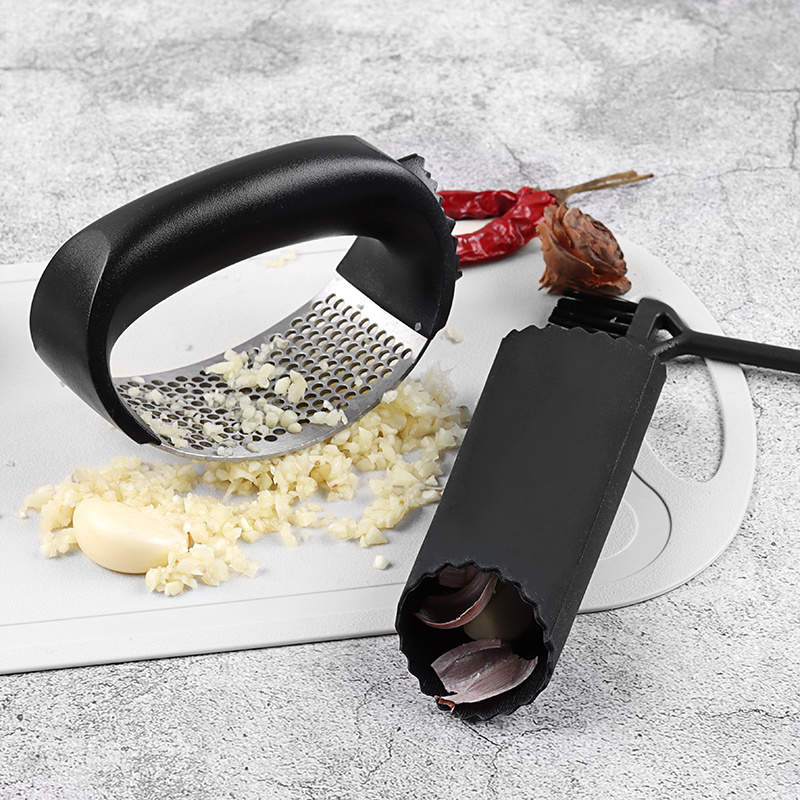 3pc Stainless Steel Garlic Press Rocker Crusher Grinder Chopper with Peeler and Garlic Brush for Smash Garlic Ginger