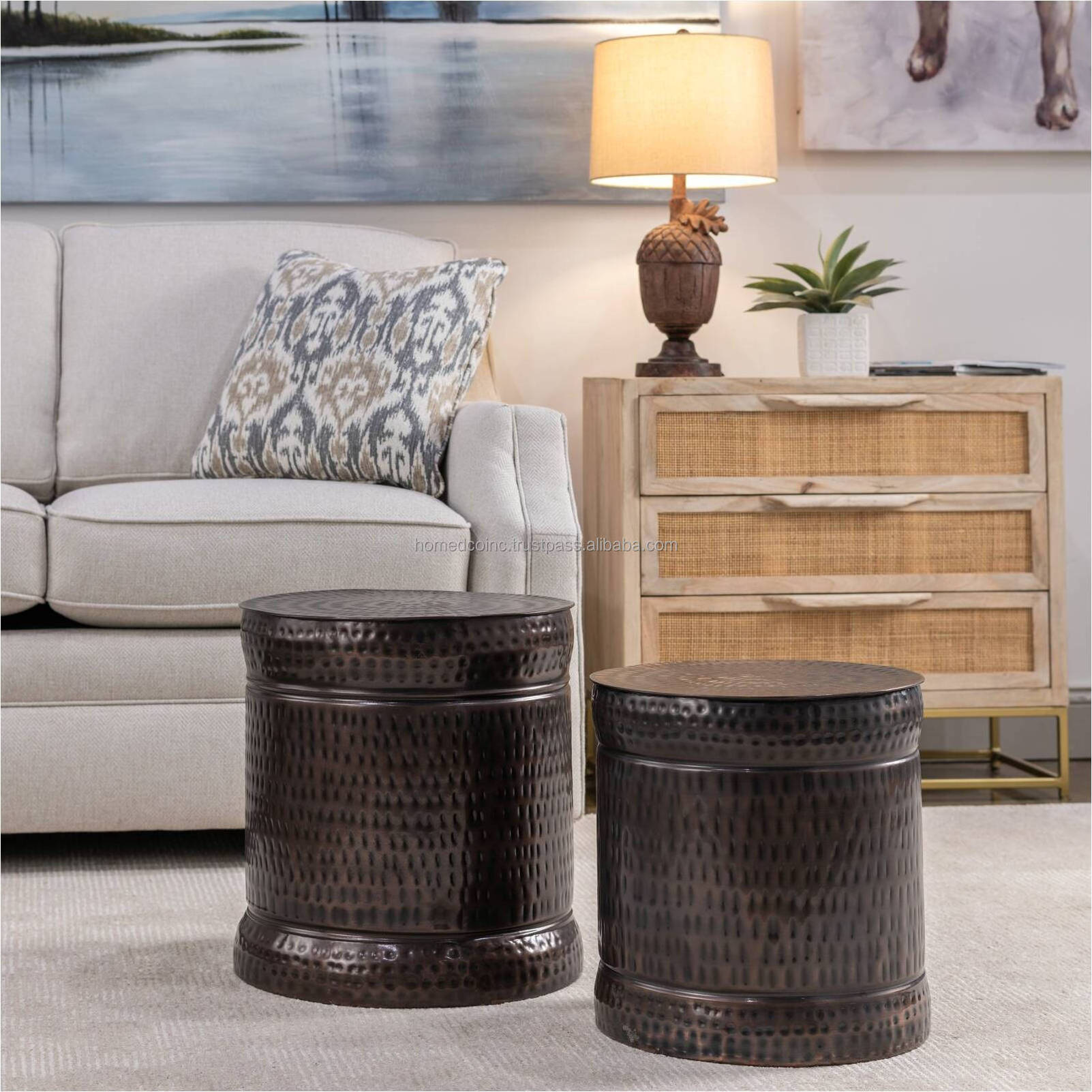 Table Furniture For Home Premium Quality Metal Drum Barrel Shape Stools Hammered bar stools Side Table Customized End Decor