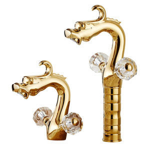 Dragon Shaped Single Hole Crystal Dual Handles Mixer Deck Mounted Lavatory Bathroom Taps Gold Basin Sink Faucet