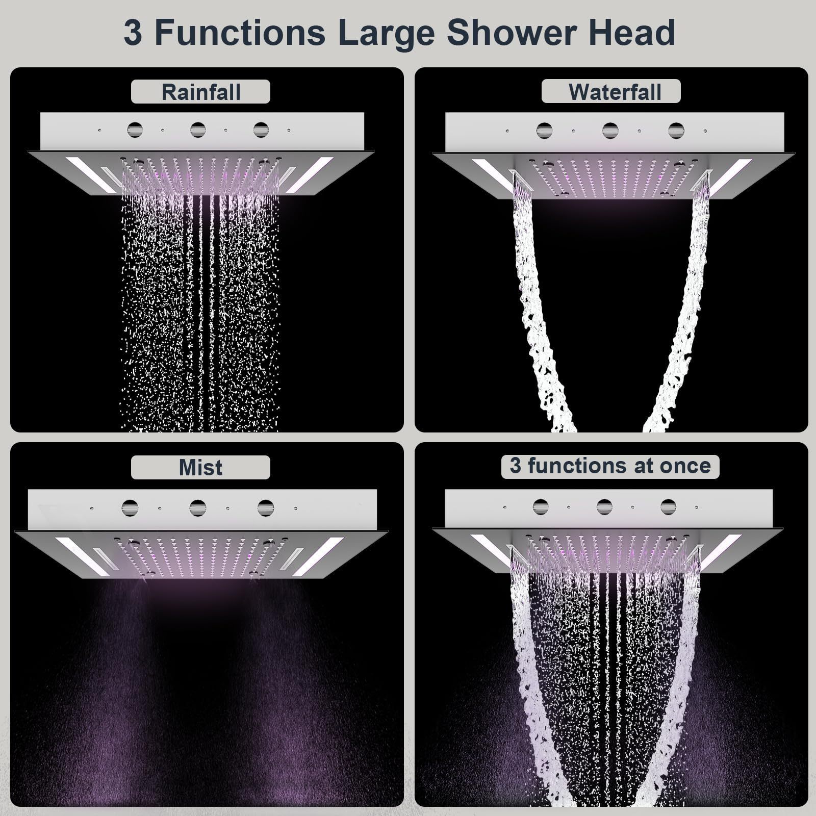 360*500mm matte black stainless steel led light 7 color changing shower head 3 modes waterfall bathroom showerehad