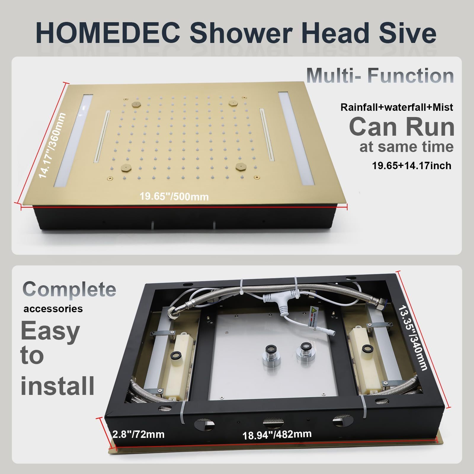 Brushed gold 3 Functions 14x20 inch LED 7 Colors Showerhead 304 Stainless Steel Rectangle Rainfall Shower Head for Bathroom