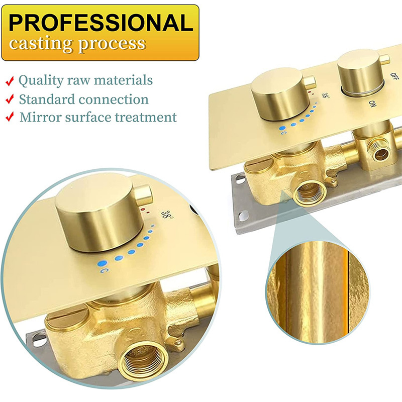 Brushed Gold 4 Way Thermostatic Shower Valve Concealed 4 outlet Shower Diverter Mixing Valve