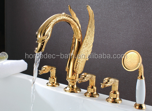 Triple Handles Gold Plated Swan Bathtub Faucet Waterfall Widespread Bathtub Faucet