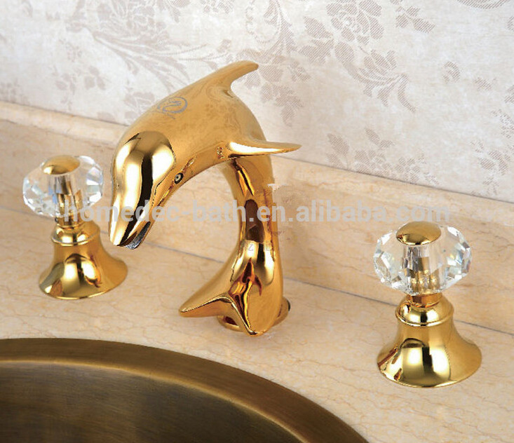 bathroom crystal handle 3 holes wash basin gold dolphin faucet