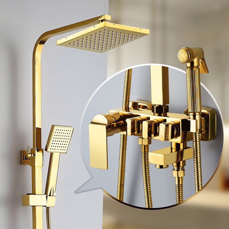 Bathroom Wall Mounted Rainfall Gold Finish Shower mixer Head Faucet Set with bidet Spray