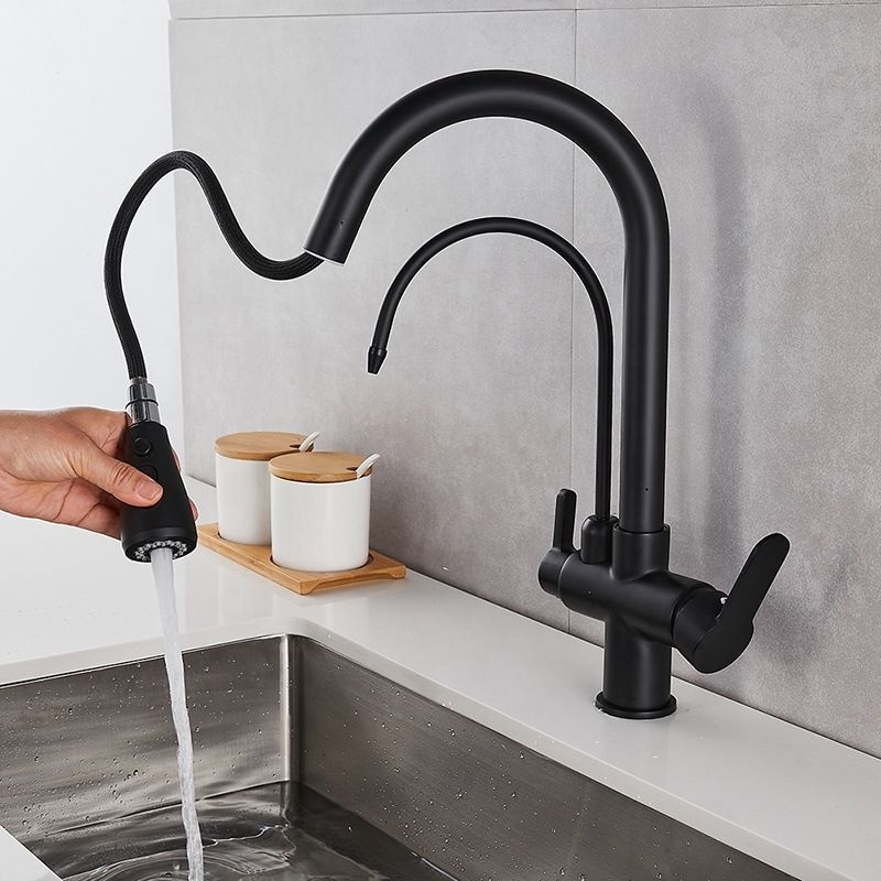 Black 3 three way filtered drinking mixer tap kitchen faucet with chrome plated shower water filter purifier