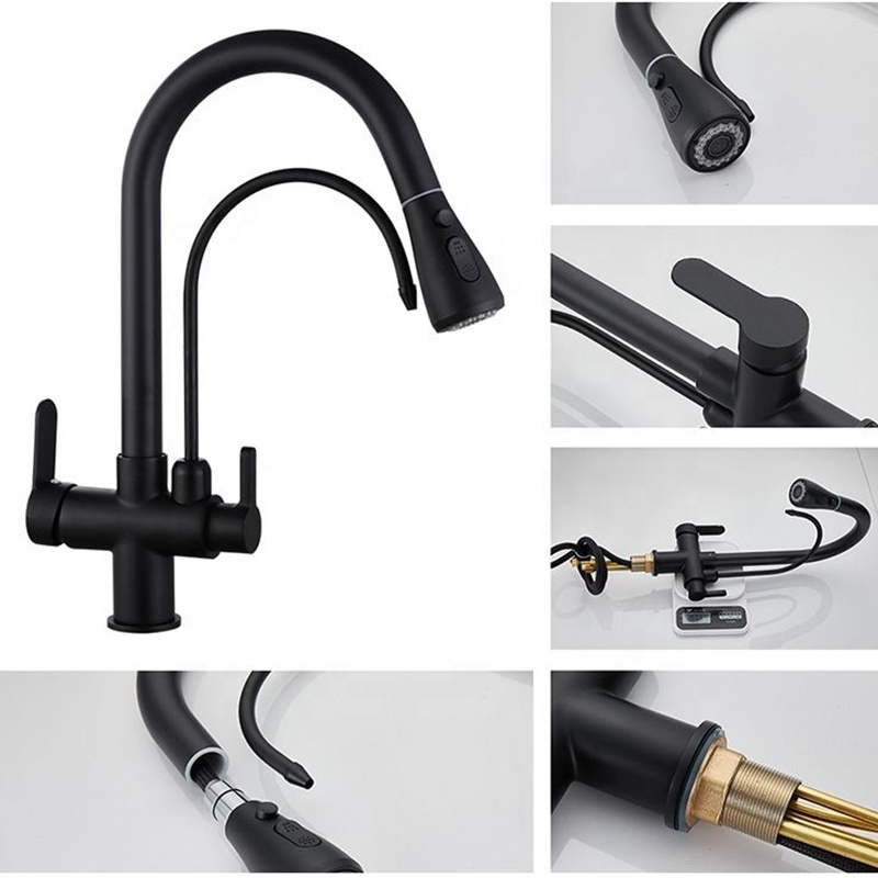 Black 3 three way filtered drinking mixer tap kitchen faucet with chrome plated shower water filter purifier