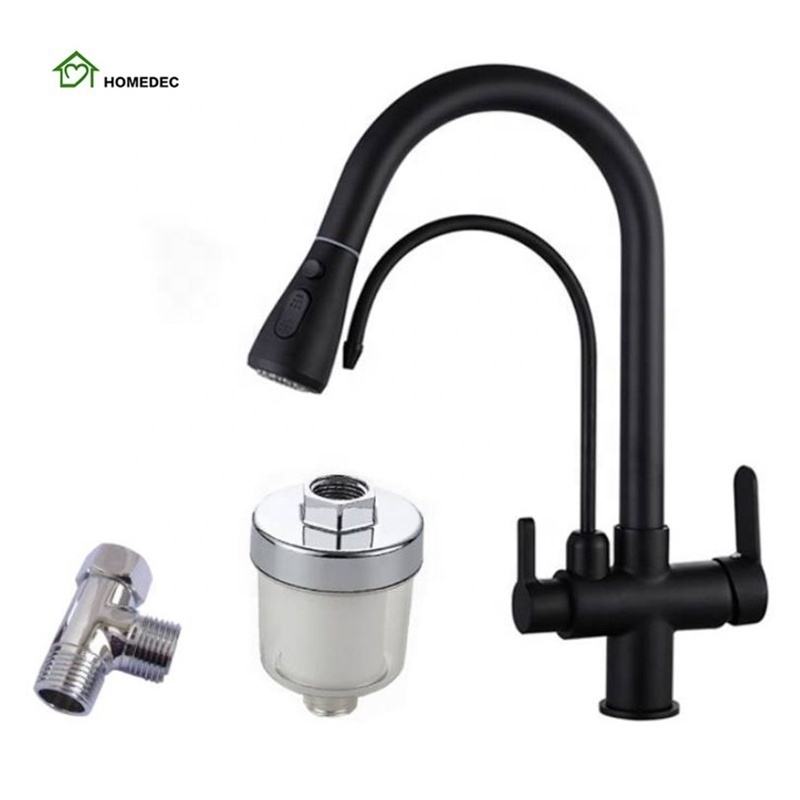 Black 3 three way filtered drinking mixer tap kitchen faucet with chrome plated shower water filter purifier