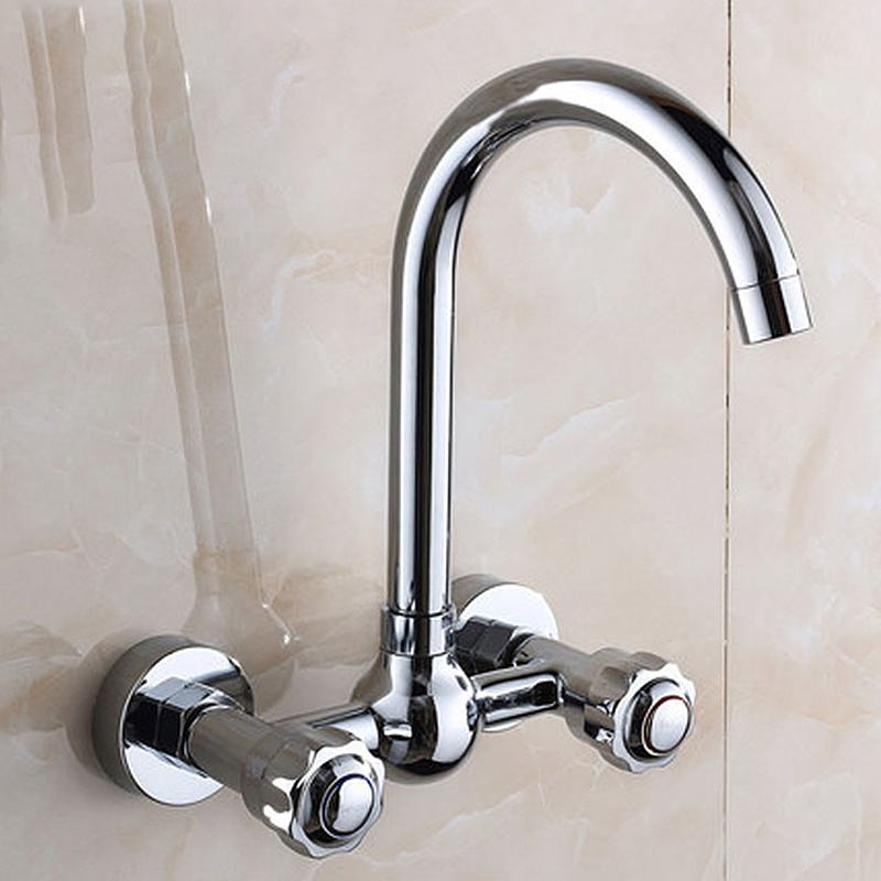 dual handle wall mounted kitchen mixer faucet two holes chrome cold and hot water taps