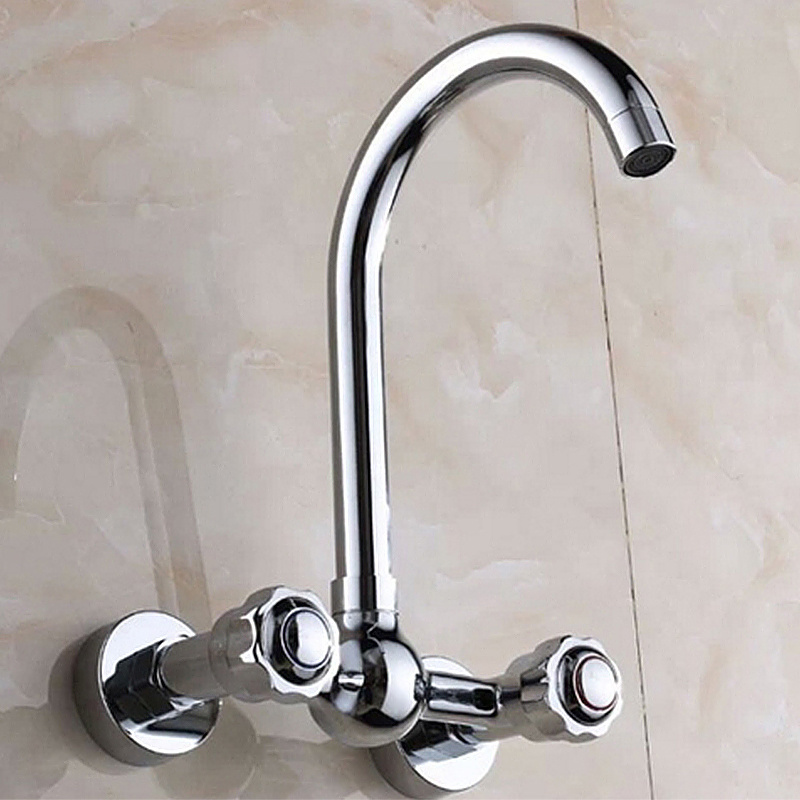 dual handle wall mounted kitchen mixer faucet two holes chrome cold and hot water taps