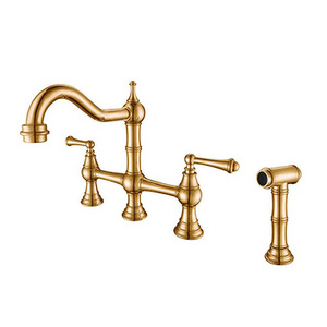 European Heritage Brushed Gold Kitchen Sink Faucets 4 Hole double Handle Bridge Kitchen Faucet Brass with Side Sprayer