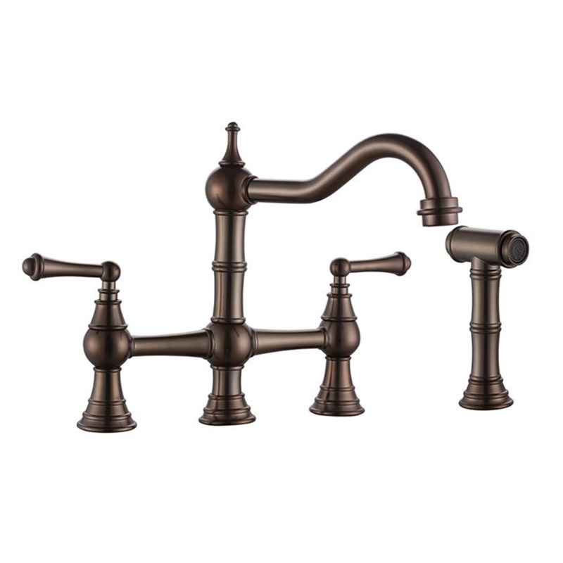 European Heritage Brushed Gold Kitchen Sink Faucets 4 Hole double Handle Bridge Kitchen Faucet Brass with Side Sprayer