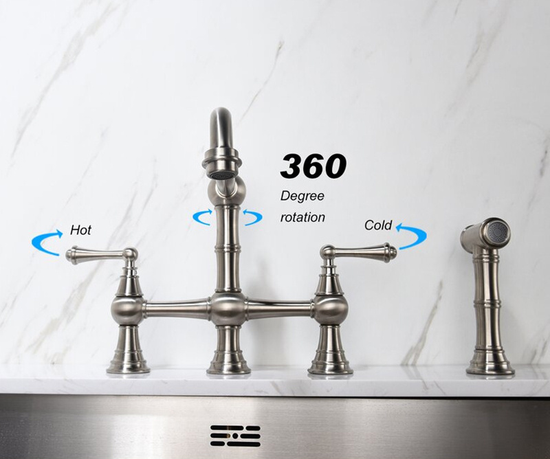 European Heritage Brushed Gold Kitchen Sink Faucets 4 Hole double Handle Bridge Kitchen Faucet Brass with Side Sprayer