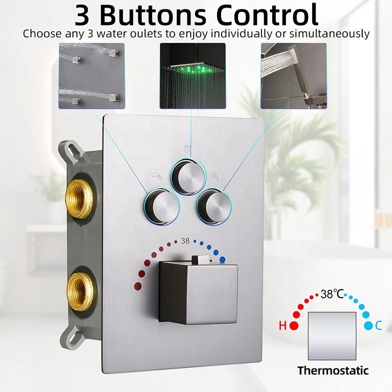 Bathroom Wall Mounted Push Button Concealed Thermostatic Bath Shower Faucet Mixer 3 Way Diverter valve