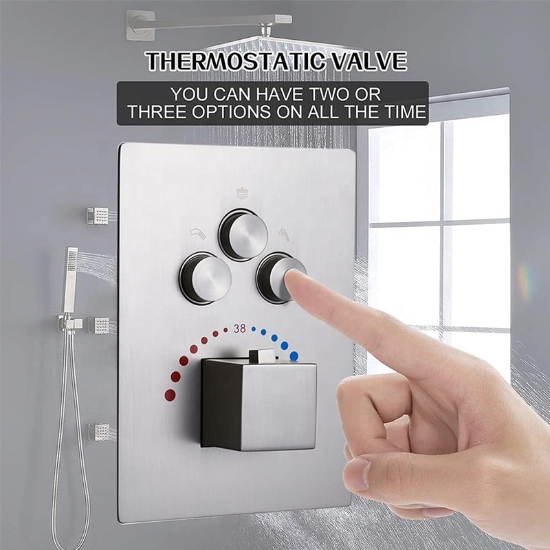 Bathroom Wall Mounted Push Button Concealed Thermostatic Bath Shower Faucet Mixer 3 Way Diverter valve