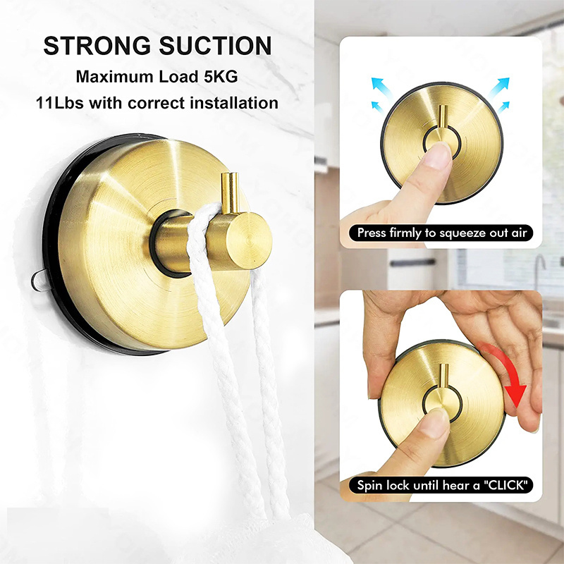 Custom LOGO waterproof Stainless Steel Suction Cup adhesive hat coat Hooks Brushed Gold Bathroom Shower Hook for hanging wall