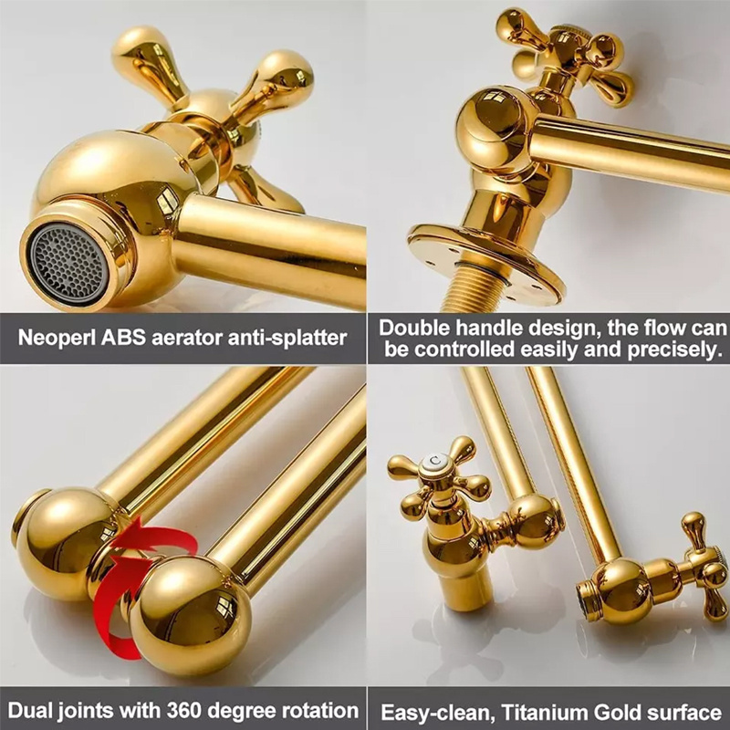 Wall Mounted Swivel Brass golden wall mount Kitchen Sink Faucets Single Hole double handle Kitchen Pot Filler Faucet