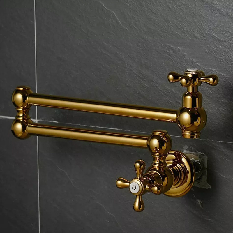 Wall Mounted Swivel Brass golden wall mount Kitchen Sink Faucets Single Hole double handle Kitchen Pot Filler Faucet