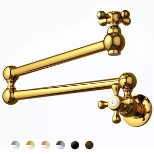 Wall Mounted Swivel Brass golden wall mount Kitchen Sink Faucets Single Hole double handle Kitchen Pot Filler Faucet