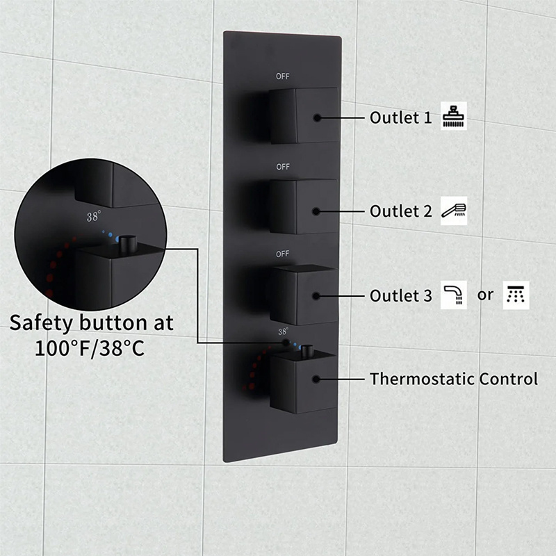 3 Way Outlet Function Brass Matte Black Concealed Thermostatic Mixer Mixing Shower Diverter Valve Kit Replacement