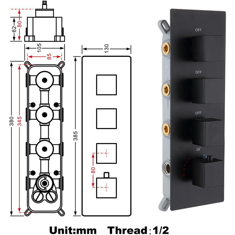 3 Way Outlet Function Brass Matte Black Concealed Thermostatic Mixer Mixing Shower Diverter Valve Kit Replacement