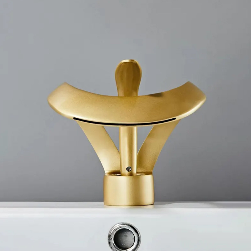 Art deck mounted Hot Cold Faucet brass brushed gold bathroom mixer taps waterfall basin sink faucet