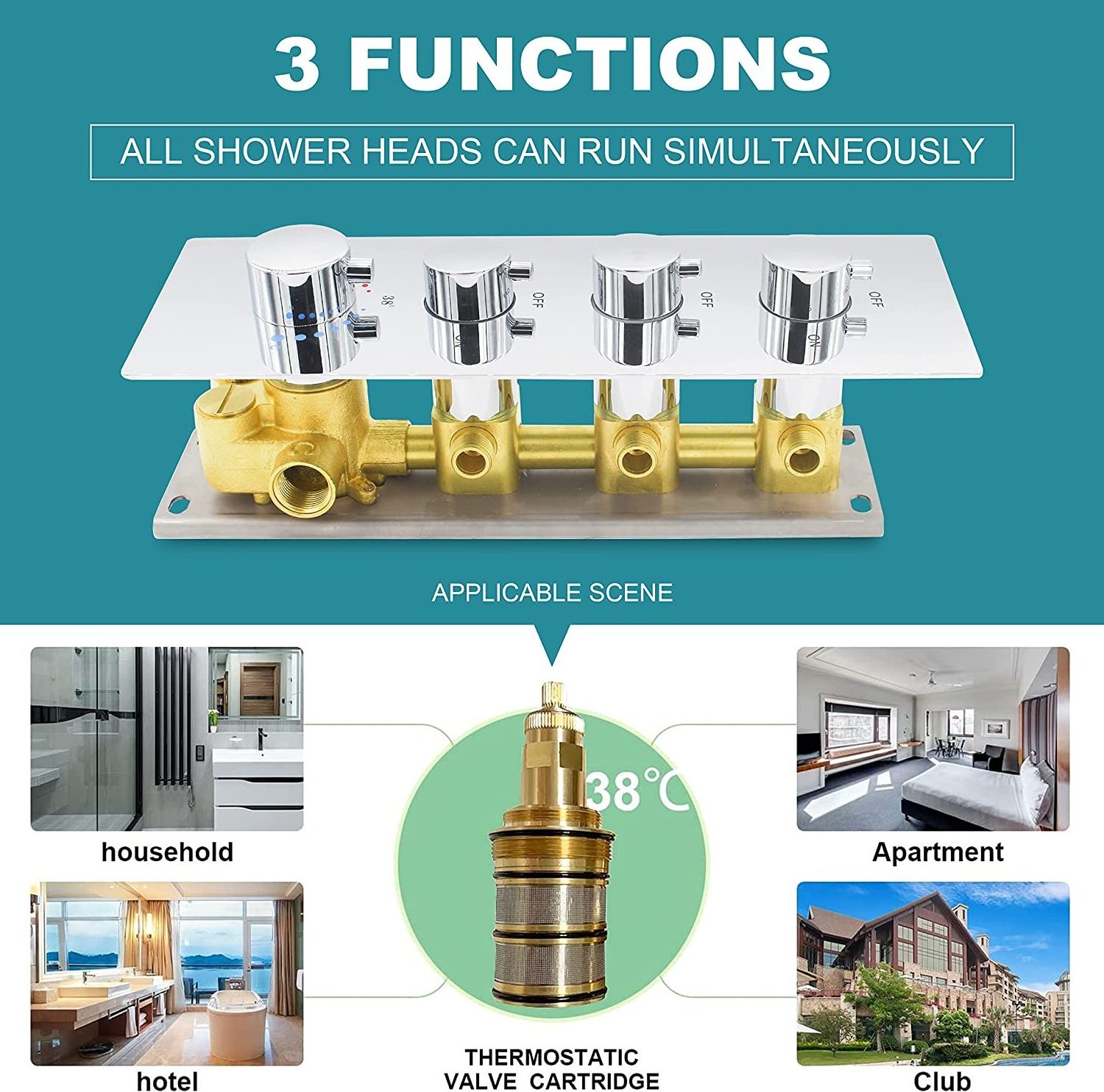 Control Replacement Valve for Shower System Concealed Vertical installation Chrome 3-way Brass Thermostatic Shower Valve Kit