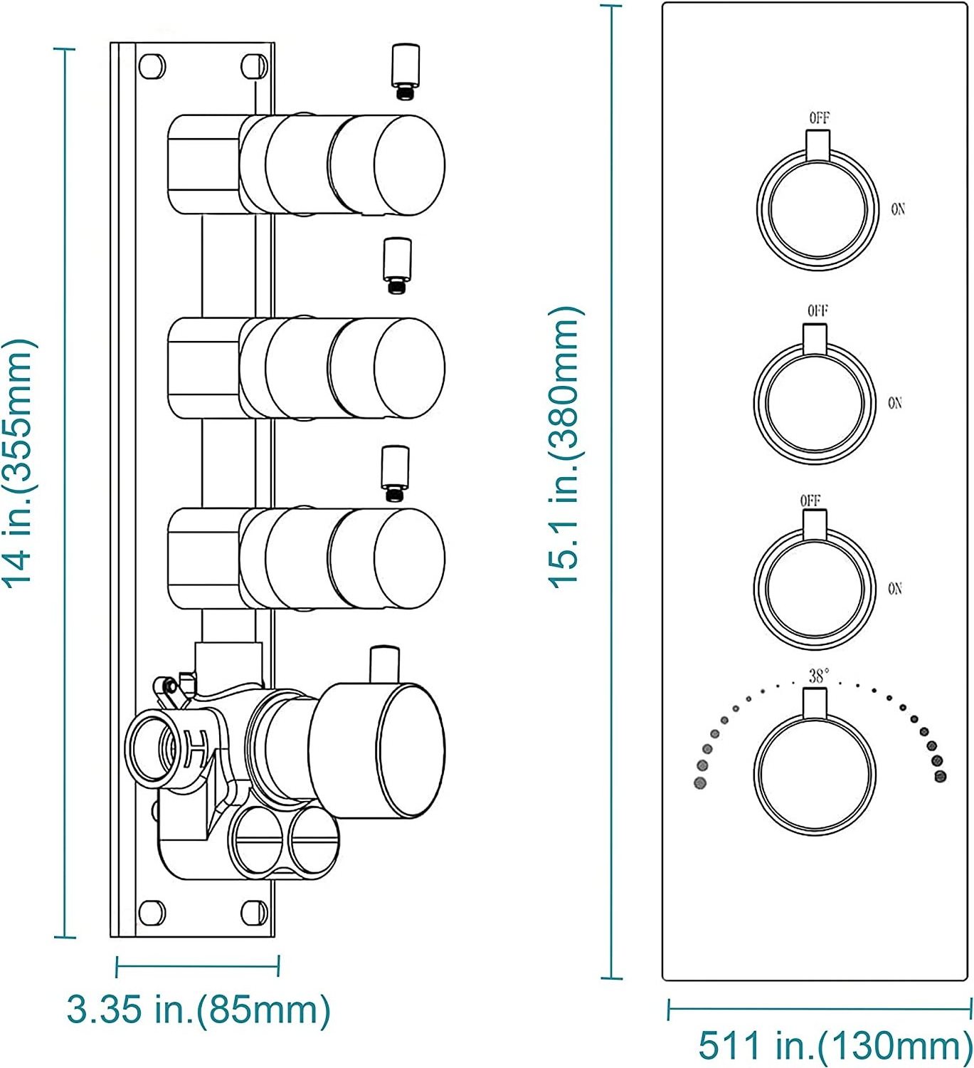 Control Replacement Valve for Shower System Concealed Vertical installation Chrome 3-way Brass Thermostatic Shower Valve Kit