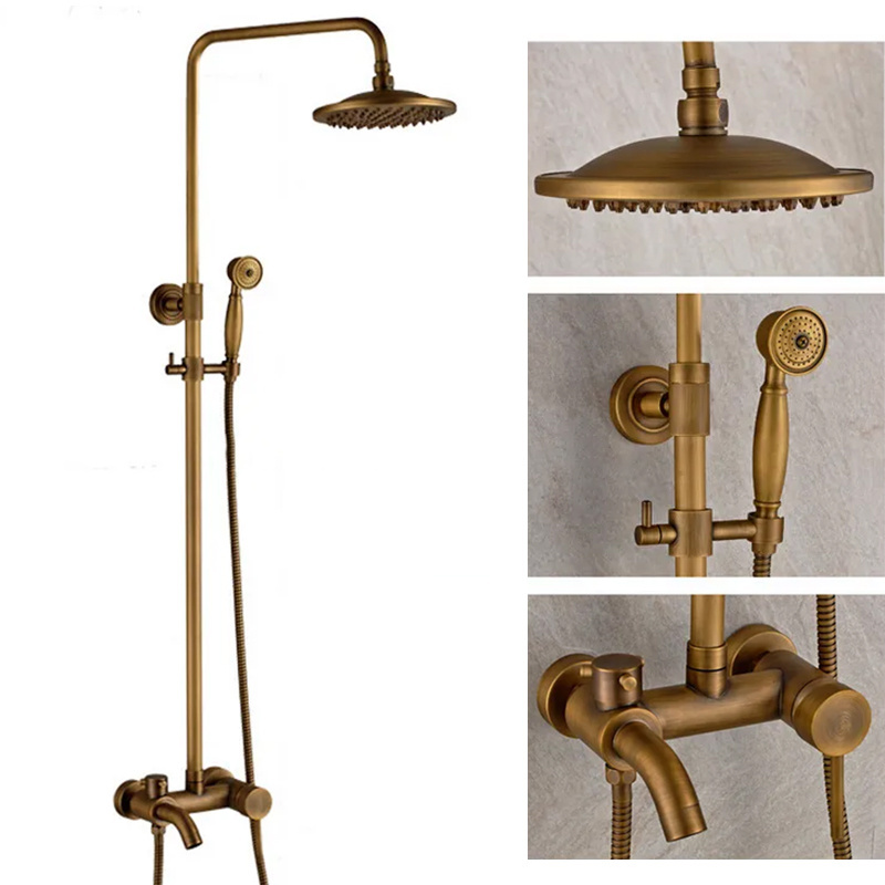 European antique copper exposed rainfall shower set single handle brass bath shower mixer taps faucet with sliding bar