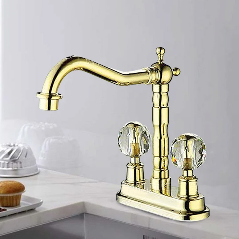 Hot Sale Deck Mounted Hot and Cold Mixer Tap Crystal ball Dual Handles Gold Basin Faucet