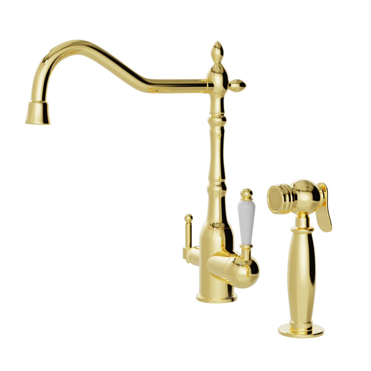 Commercial Lead-Free Retro European ceramic handle 3 in 1 Cold and hot mixer Gold kitchen faucet with Side Sprayer