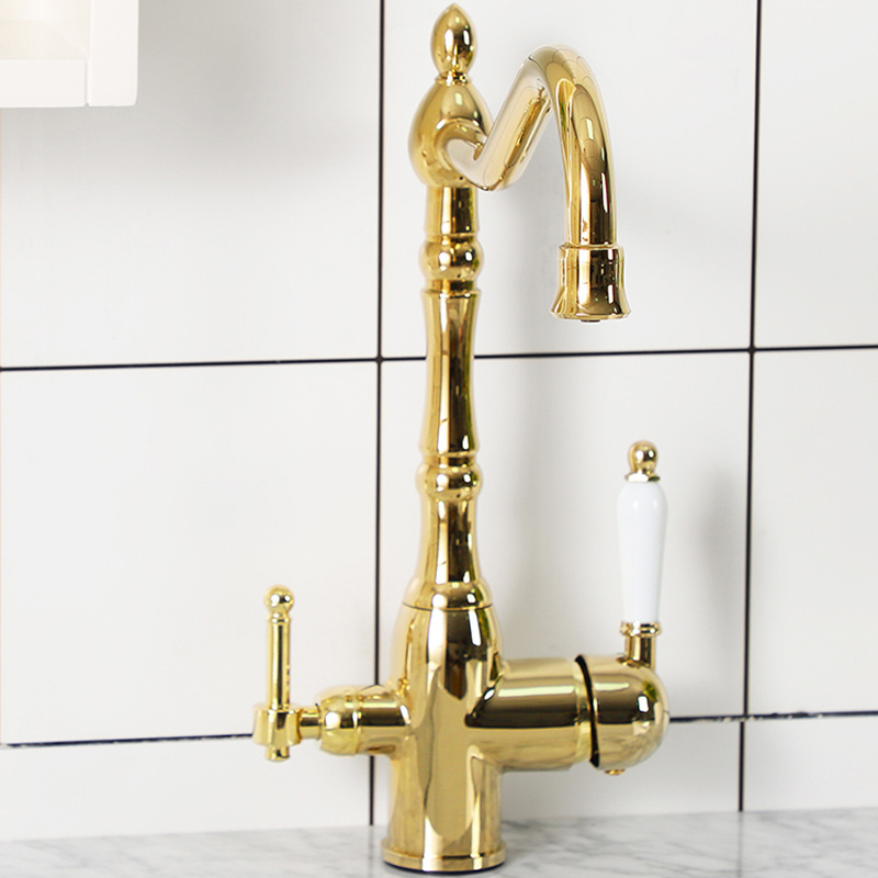 Commercial Lead-Free Retro European ceramic handle 3 in 1 Cold and hot mixer Gold kitchen faucet with Side Sprayer