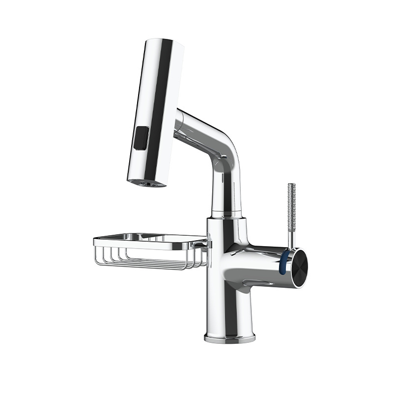 New style zinc alloy dark grey gun metal pull out bathroom basin mixer faucet with soap Basket